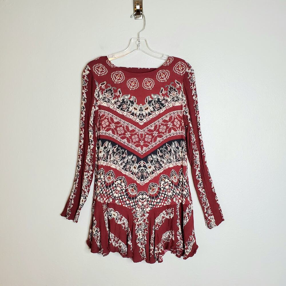 Free People Smooth Talker Floral Long Sleeve Swing Tunic Red Size XS Boho Chic